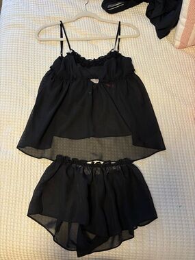 Betsey Johnson Black Sheer Lace-Trim Camisole & Shorts Set